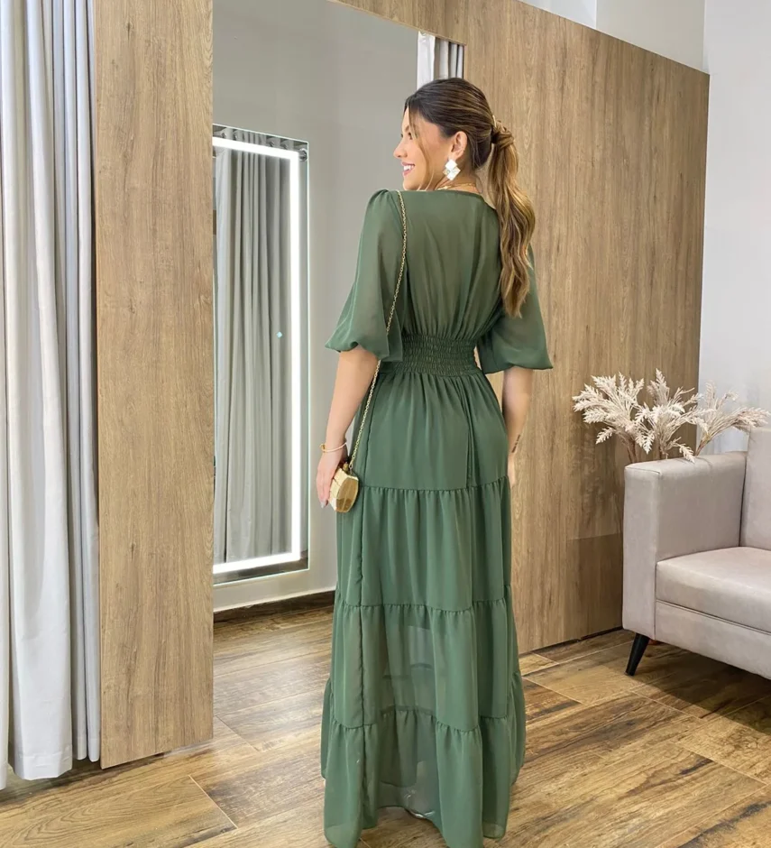Vestido Longo Amanda sem Bojo Manga 3/4 Verde Militar - Fernanda Ramos Store