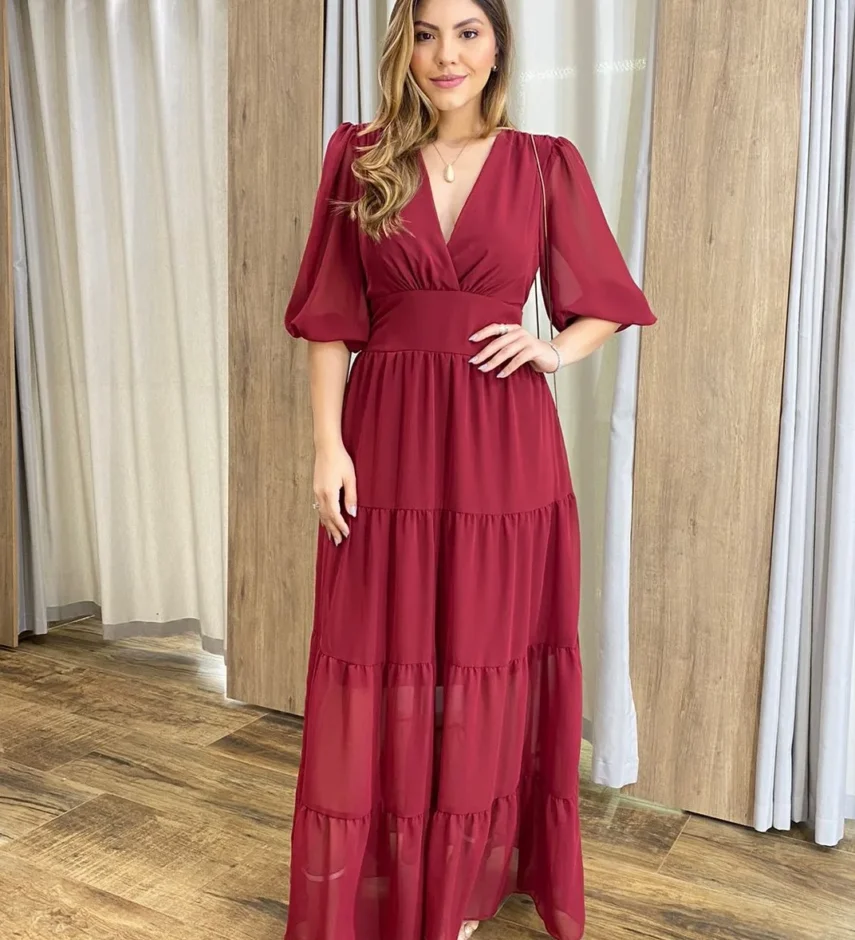 Vestido Longo Amanda sem Bojo Manga 3/4 Vinho - Fernanda Ramos Store