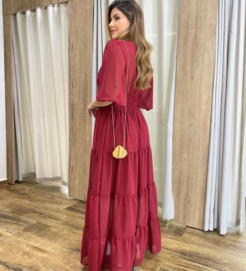 Vestido Longo Amanda sem Bojo Manga 3/4 Vinho - Fernanda Ramos Store
