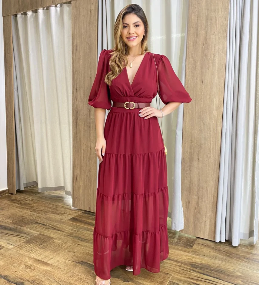 Vestido Longo Amanda sem Bojo Manga 3/4 Vinho - Fernanda Ramos Store