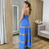 Vestido Longo Azul sem Bojo com Detalhe Caramelo e Amarração - Fernanda Ramos Store