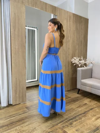 Vestido Longo Azul sem Bojo com Detalhe Caramelo e Amarração - Fernanda Ramos Store