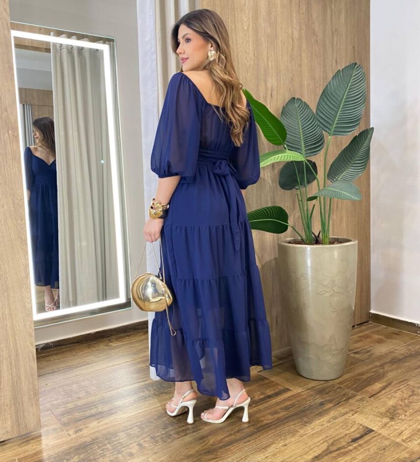 Vestido Longo com Detalhe Transpassado sem Bojo Azul Marinho - Fernanda Ramos Store