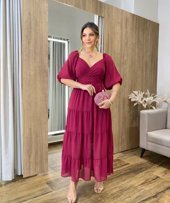 Vestido Longo com Detalhe Transpassado sem Bojo Magenta - Fernanda Ramos Store