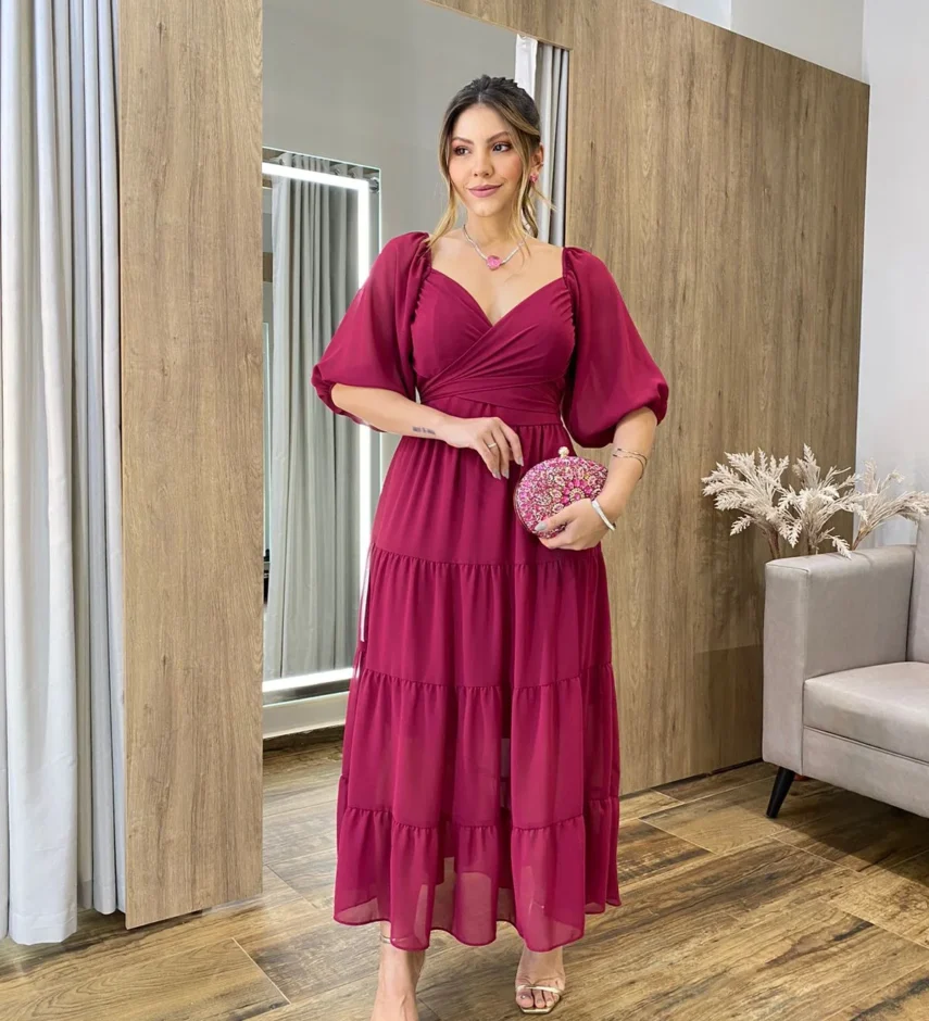 Vestido Longo com Detalhe Transpassado sem Bojo Magenta - Fernanda Ramos Store