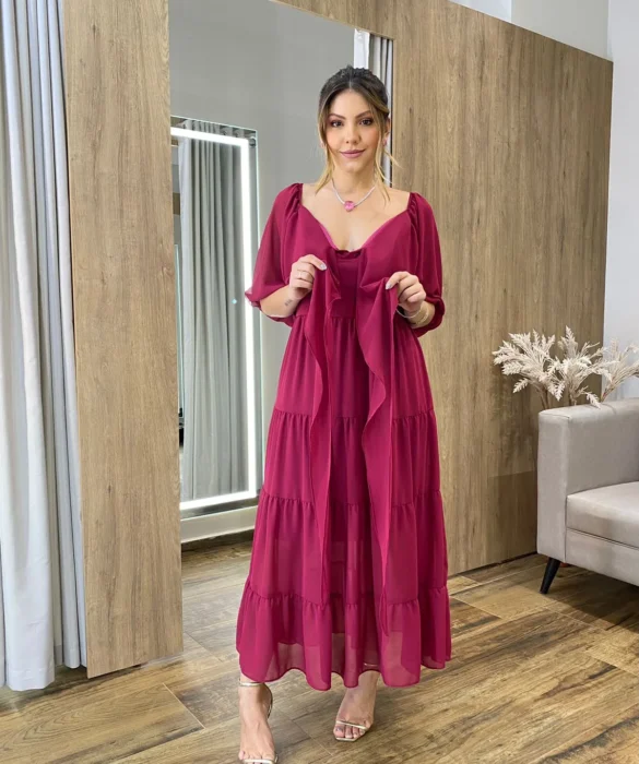 Vestido Longo com Detalhe Transpassado sem Bojo Magenta - Fernanda Ramos Store