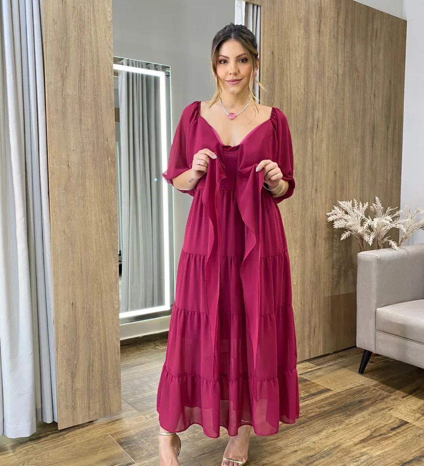 Vestido Longo com Detalhe Transpassado sem Bojo Magenta - Fernanda Ramos Store