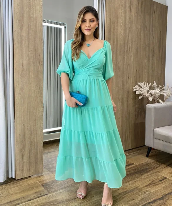 Vestido Longo com Detalhe Transpassado sem Bojo Verde - Fernanda Ramos Store