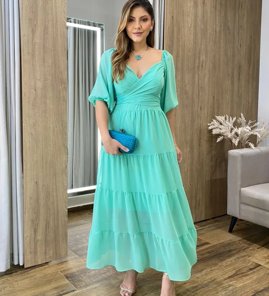 Vestido Longo com Detalhe Transpassado sem Bojo Verde - Fernanda Ramos Store