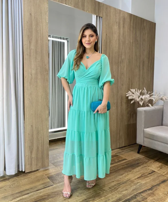 Vestido Longo com Detalhe Transpassado sem Bojo Verde - Fernanda Ramos Store