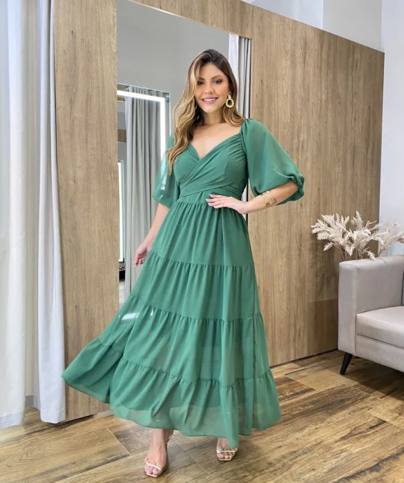 Vestido Longo com Detalhe Transpassado sem Bojo Verde Militar - Fernanda Ramos Store