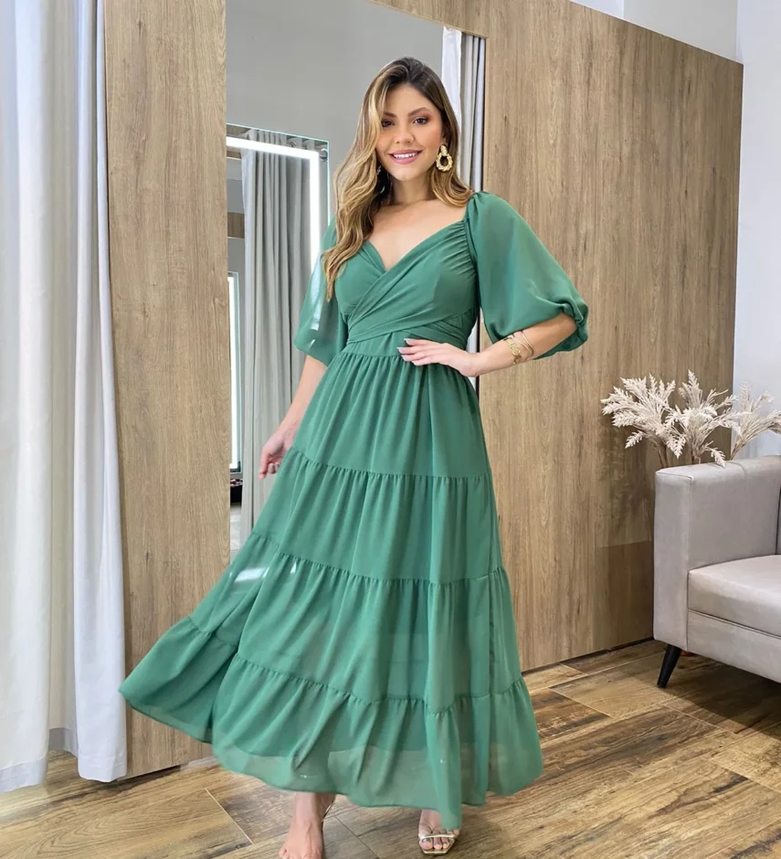 Vestido Longo com Detalhe Transpassado sem Bojo Verde Militar - Fernanda Ramos Store