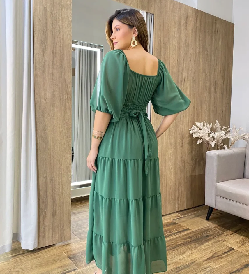 Vestido Longo com Detalhe Transpassado sem Bojo Verde Militar - Fernanda Ramos Store