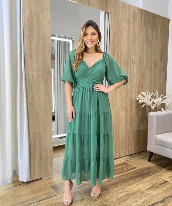 Vestido Longo com Detalhe Transpassado sem Bojo Verde Militar - Fernanda Ramos Store