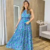 Vestido Longo Laísa com Bojo e Amarração Verde Estampado - Fernanda Ramos Store