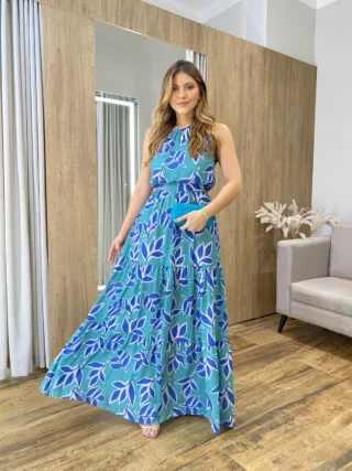 Vestido Longo Laísa com Bojo e Amarração Verde Estampado - Fernanda Ramos Store