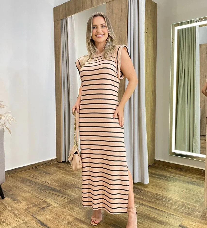 Vestido Longo Muscle sem Bojo de Malha Bege Listrado - Fernanda Ramos Store