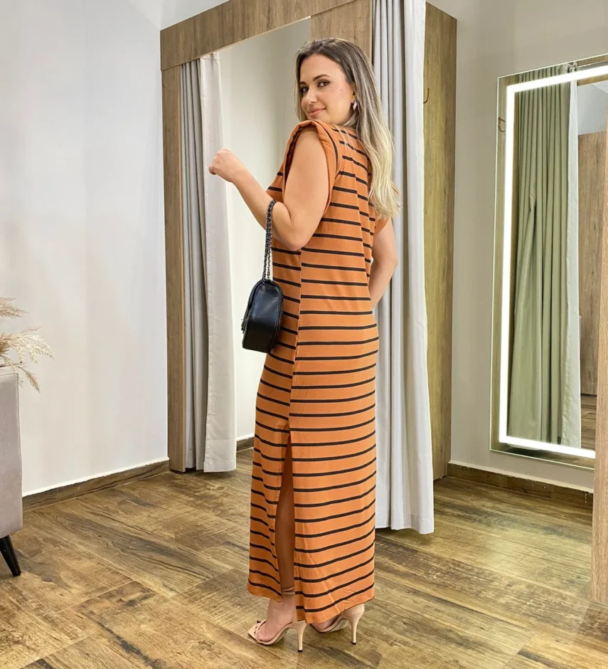 Vestido Longo Muscle sem Bojo de Malha Caramelo Listrado - Fernanda Ramos Store
