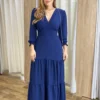 Vestido Longo Pérola sem Bojo Manga Longa Azul Marinho - Fernanda Ramos Store