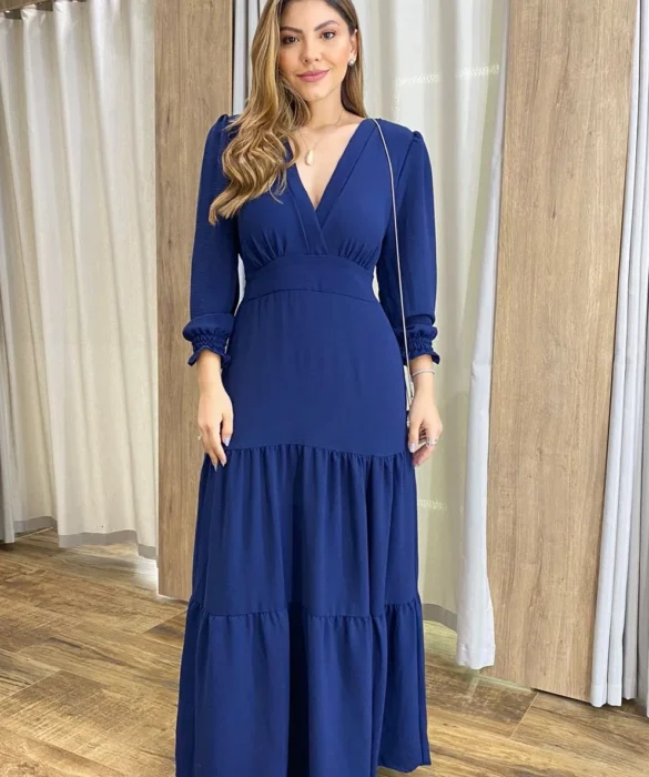 Vestido Longo Pérola sem Bojo Manga Longa Azul Marinho - Fernanda Ramos Store