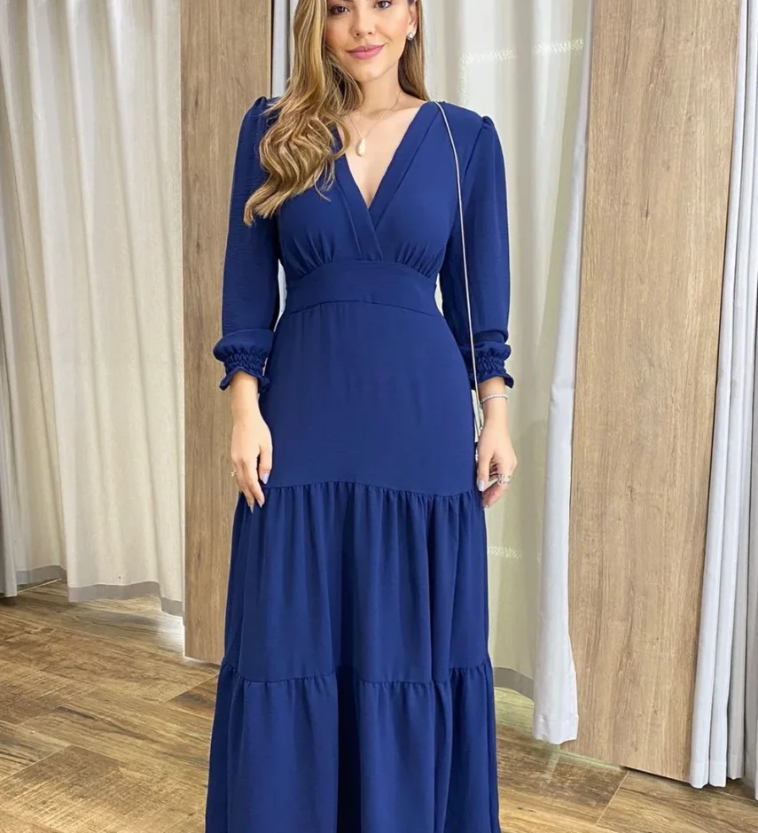 Vestido Longo Pérola sem Bojo Manga Longa Azul Marinho - Fernanda Ramos Store
