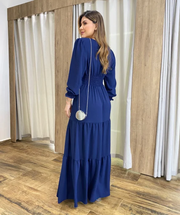 Vestido Longo Pérola sem Bojo Manga Longa Azul Marinho - Fernanda Ramos Store