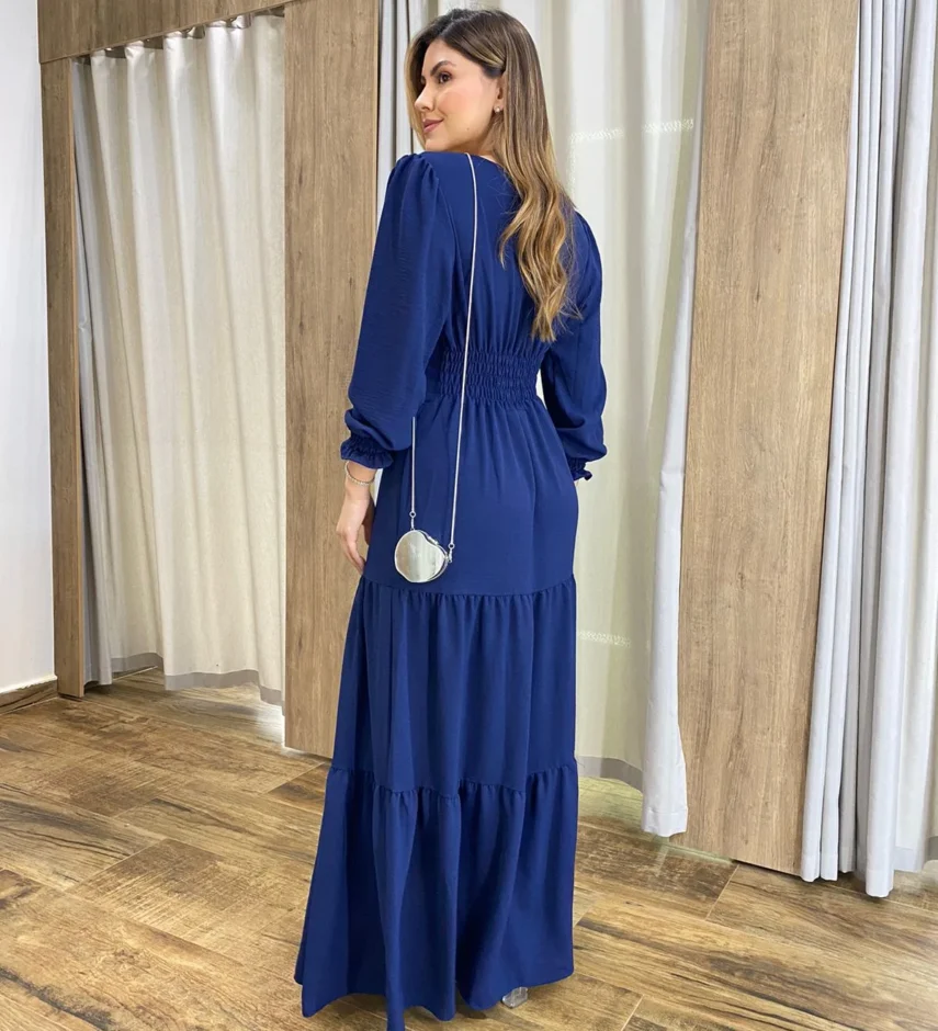 Vestido Longo Pérola sem Bojo Manga Longa Azul Marinho - Fernanda Ramos Store