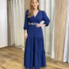 Vestido Longo Pérola sem Bojo Manga Longa Azul Marinho - Fernanda Ramos Store