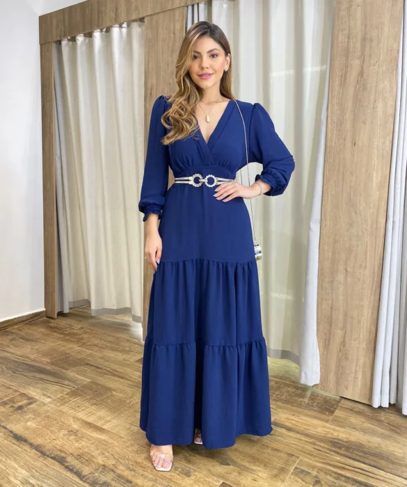 Vestido Longo Pérola sem Bojo Manga Longa Azul Marinho - Fernanda Ramos Store