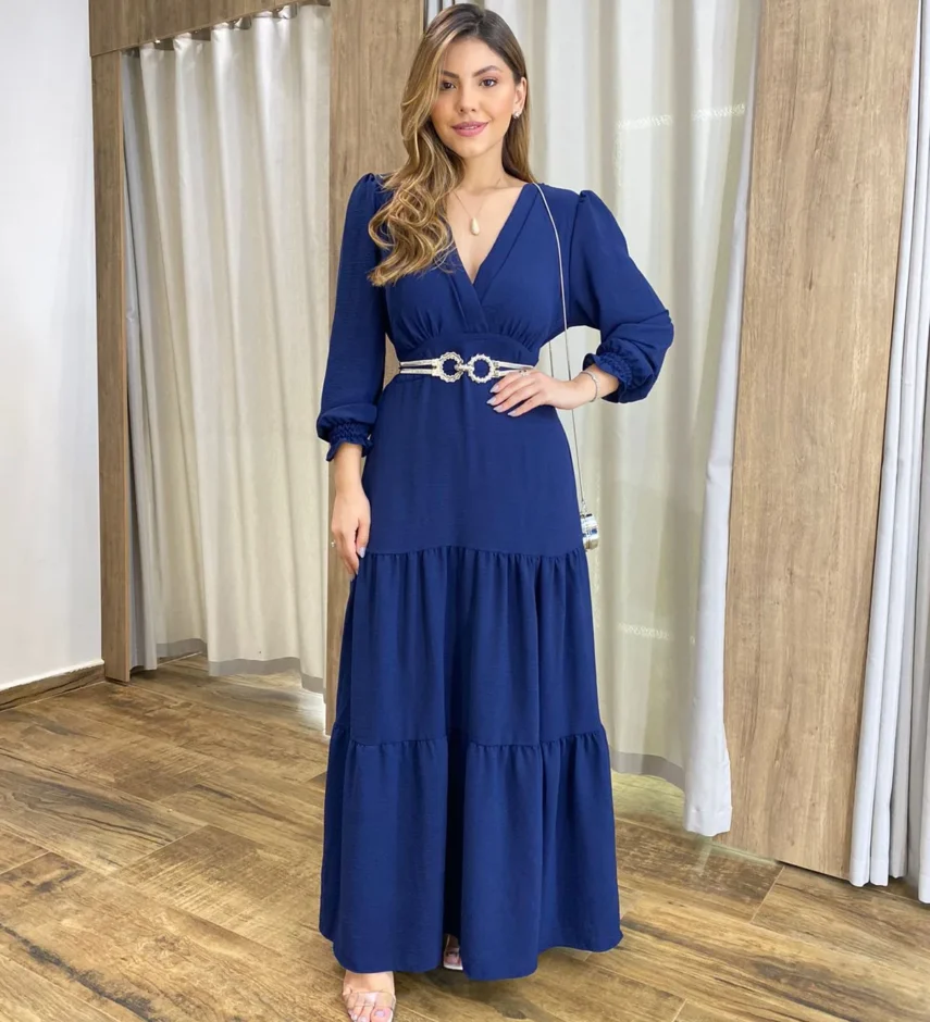 Vestido Longo Pérola sem Bojo Manga Longa Azul Marinho - Fernanda Ramos Store