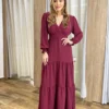 Vestido Longo Pérola sem Bojo Manga Longa Bordô - Fernanda Ramos Store