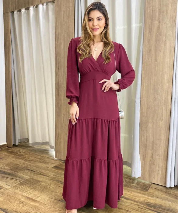 Vestido Longo Pérola sem Bojo Manga Longa Bordô - Fernanda Ramos Store