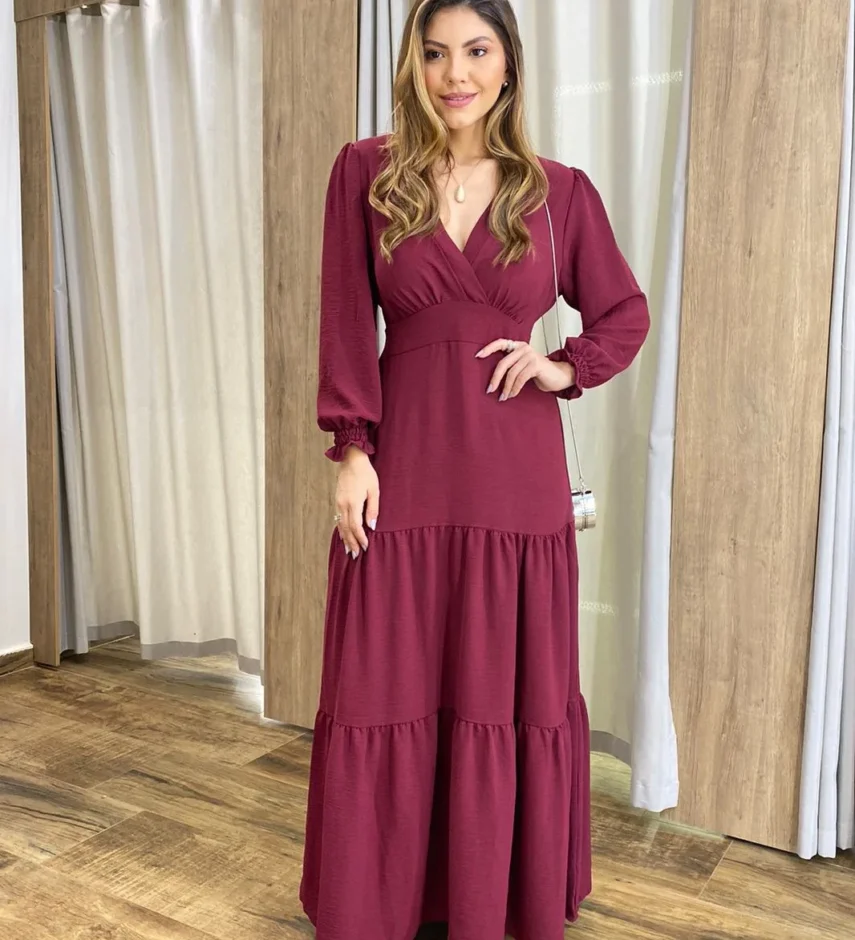 Vestido Longo Pérola sem Bojo Manga Longa Bordô - Fernanda Ramos Store