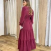 Vestido Longo Pérola sem Bojo Manga Longa Bordô - Fernanda Ramos Store