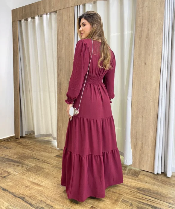 Vestido Longo Pérola sem Bojo Manga Longa Bordô - Fernanda Ramos Store