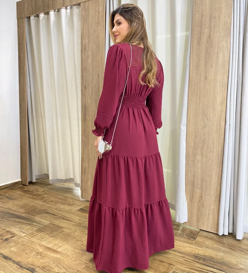 Vestido Longo Pérola sem Bojo Manga Longa Bordô - Fernanda Ramos Store