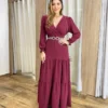 Vestido Longo Pérola sem Bojo Manga Longa Bordô - Fernanda Ramos Store