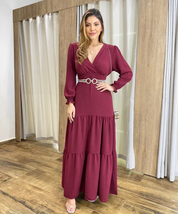 Vestido Longo Pérola sem Bojo Manga Longa Bordô - Fernanda Ramos Store