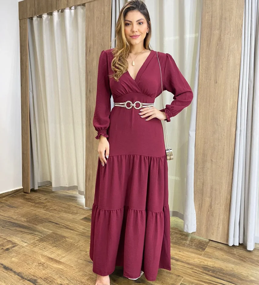 Vestido Longo Pérola sem Bojo Manga Longa Bordô - Fernanda Ramos Store