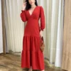 Vestido Longo Pérola sem Bojo Manga Longa Vermelho - Fernanda Ramos Store