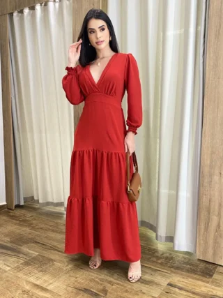 Vestido Longo Pérola sem Bojo Manga Longa Vermelho - Fernanda Ramos Store