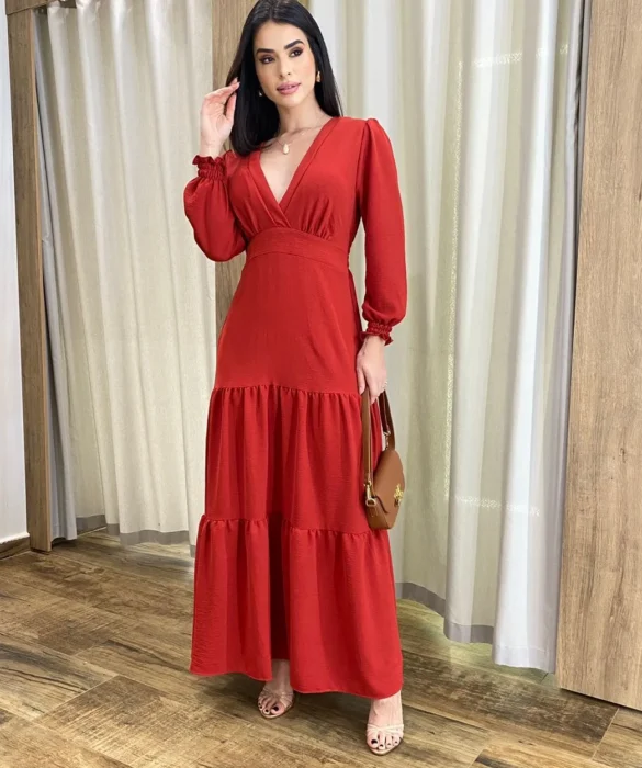 Vestido Longo Pérola sem Bojo Manga Longa Vermelho - Fernanda Ramos Store