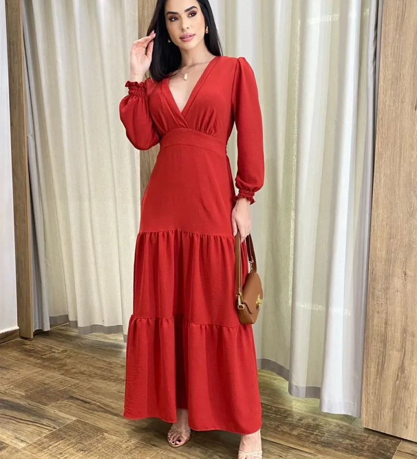 Vestido Longo Pérola sem Bojo Manga Longa Vermelho - Fernanda Ramos Store