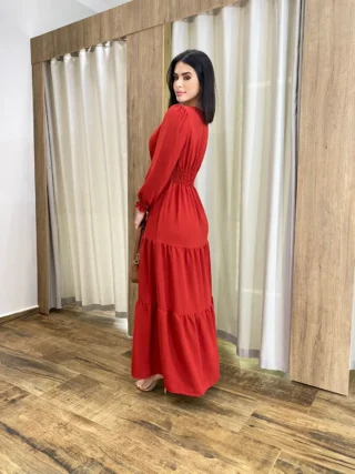 Vestido Longo Pérola sem Bojo Manga Longa Vermelho - Fernanda Ramos Store