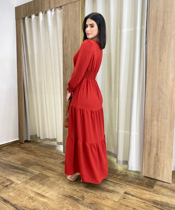 Vestido Longo Pérola sem Bojo Manga Longa Vermelho - Fernanda Ramos Store