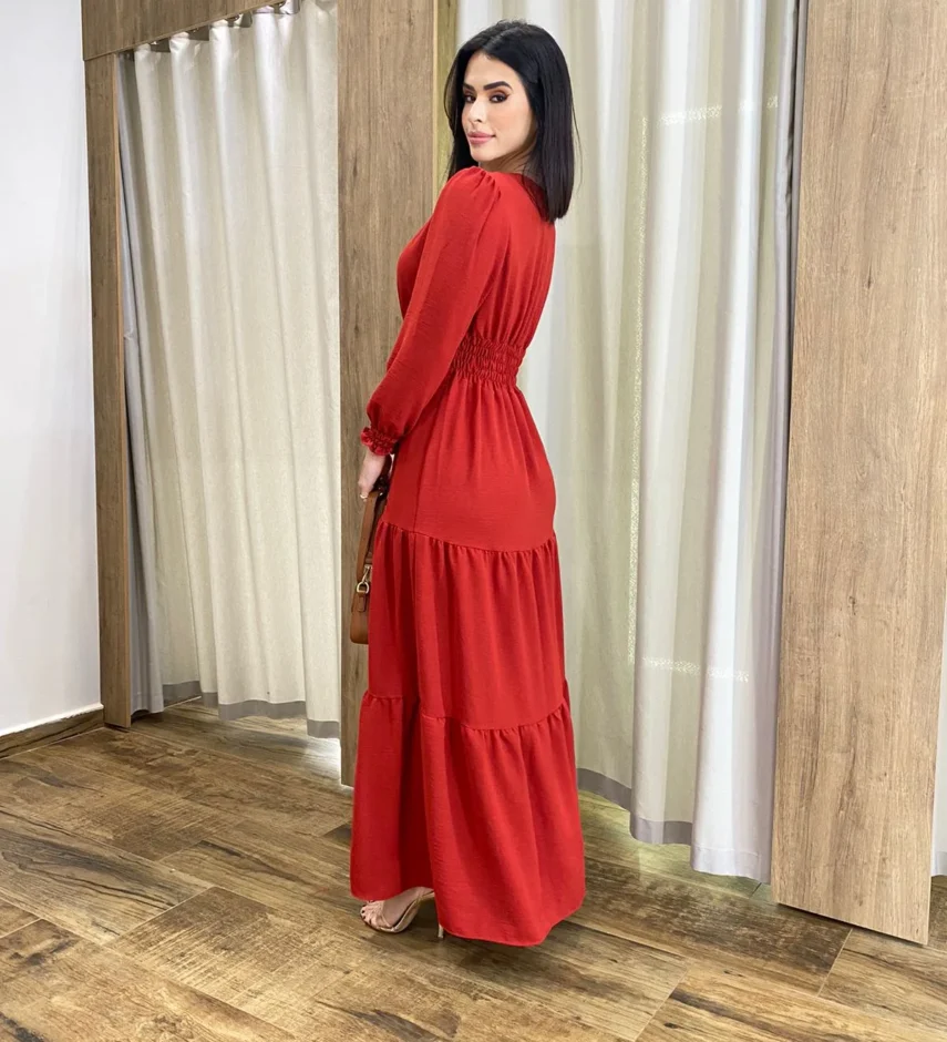 Vestido Longo Pérola sem Bojo Manga Longa Vermelho - Fernanda Ramos Store