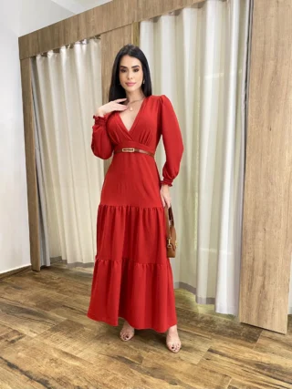 Vestido Longo Pérola sem Bojo Manga Longa Vermelho - Fernanda Ramos Store