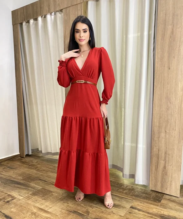 Vestido Longo Pérola sem Bojo Manga Longa Vermelho - Fernanda Ramos Store