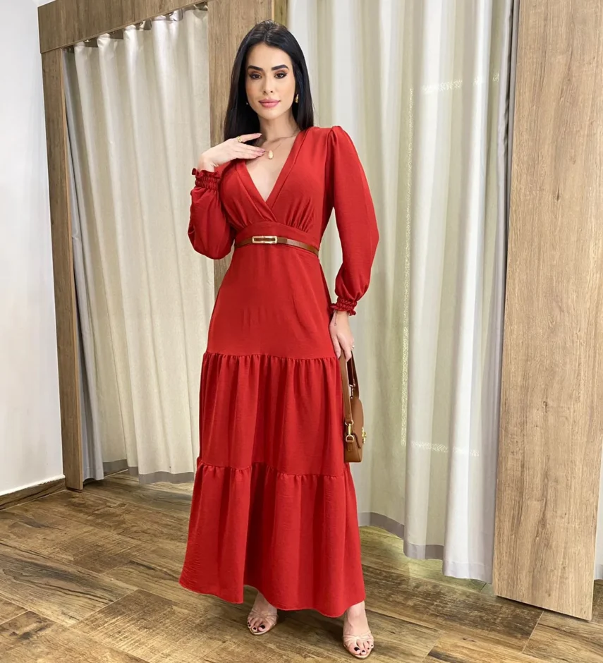Vestido Longo Pérola sem Bojo Manga Longa Vermelho - Fernanda Ramos Store