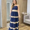 Vestido Longo sem Bojo Azul com Detalhe Nude e Botões Falsos - Fernanda Ramos Store